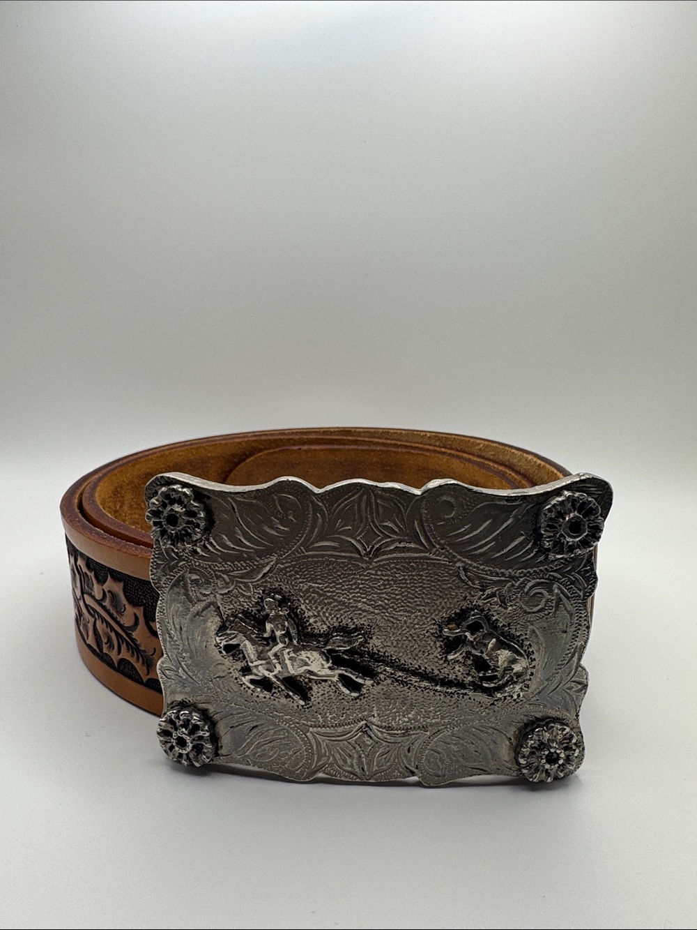 Vintage Looper Tooled Leather Western Belt with Cowboy Rodeo Buckle